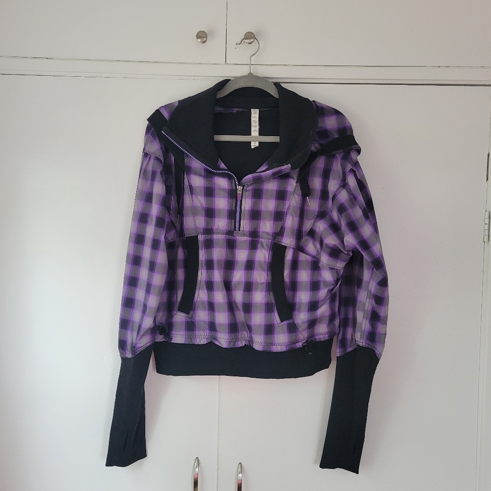 Lululemon Jacket Womens 12 Purple Plaid Run Reflection Hooded Half Zip Anorak